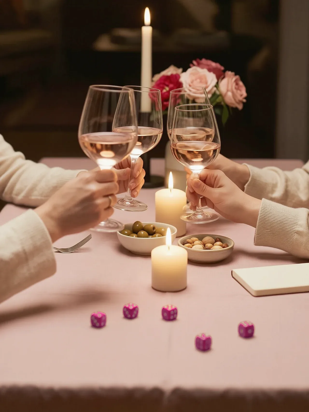Three friends clinking glasses of rosé over a pink tablecloth covered in snacks, dice and a handwritten score card.