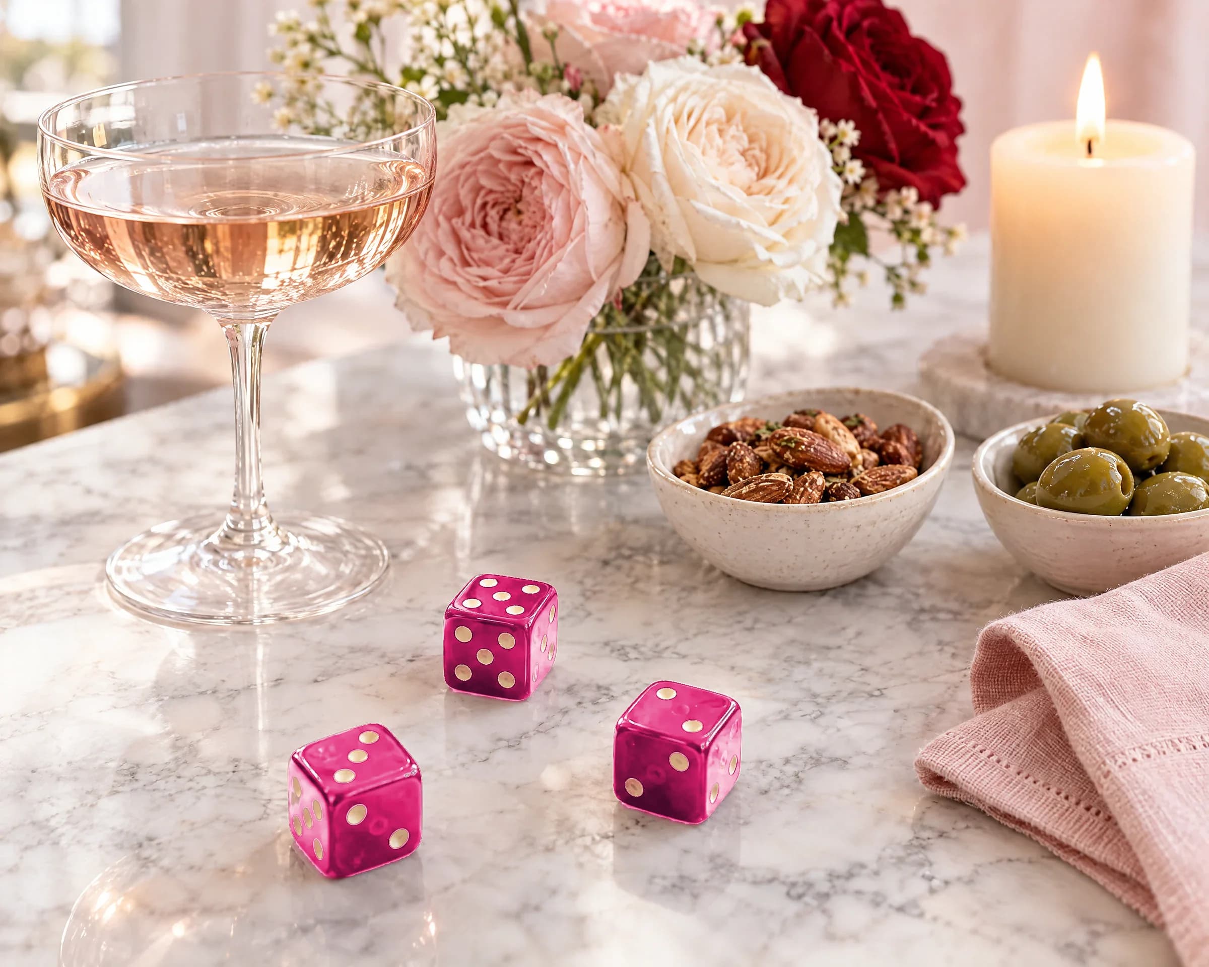 A coupe of rosé, roses, a lit candle and three glossy pink dice on a marble table.
