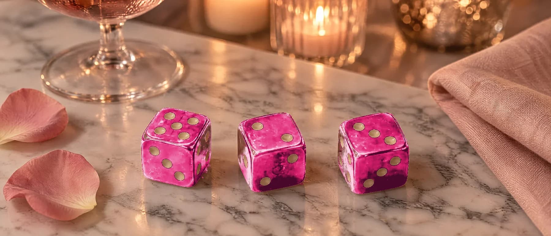 Three glossy pink dice on a marble table beside rose petals and a blush linen napkin.